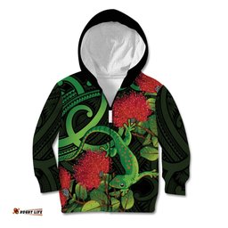 New Zealand Gecko Kid Hoodie Aotearoa Maori With Pohutukawa Flowers