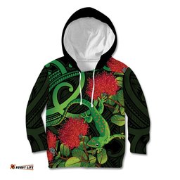New Zealand Gecko Kid Hoodie Aotearoa Maori With Pohutukawa Flowers