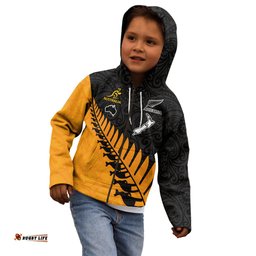 Custom Australia Wallabies and Aotearoa Rugby Kid Hoodie Kangaroo Black Fern Maori Gold Vibe