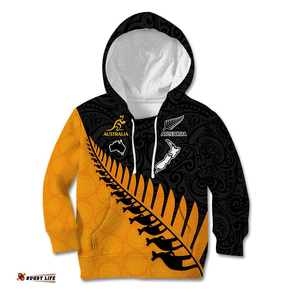 Custom Australia Wallabies and Aotearoa Rugby Kid Hoodie Kangaroo Black Fern Maori Gold Vibe