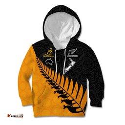 Custom Australia Wallabies and Aotearoa Rugby Kid Hoodie Kangaroo Black Fern Maori Gold Vibe