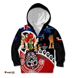 New Zealand Waitangi And ANZAC Day Kid Hoodie Aotearoa Maori Tiki With Last Post