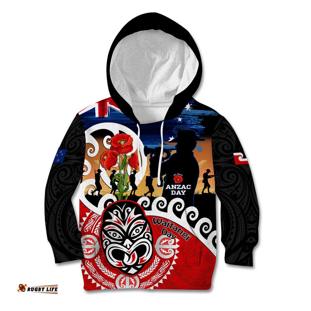 New Zealand Waitangi And ANZAC Day Kid Hoodie Aotearoa Maori Tiki With Last Post
