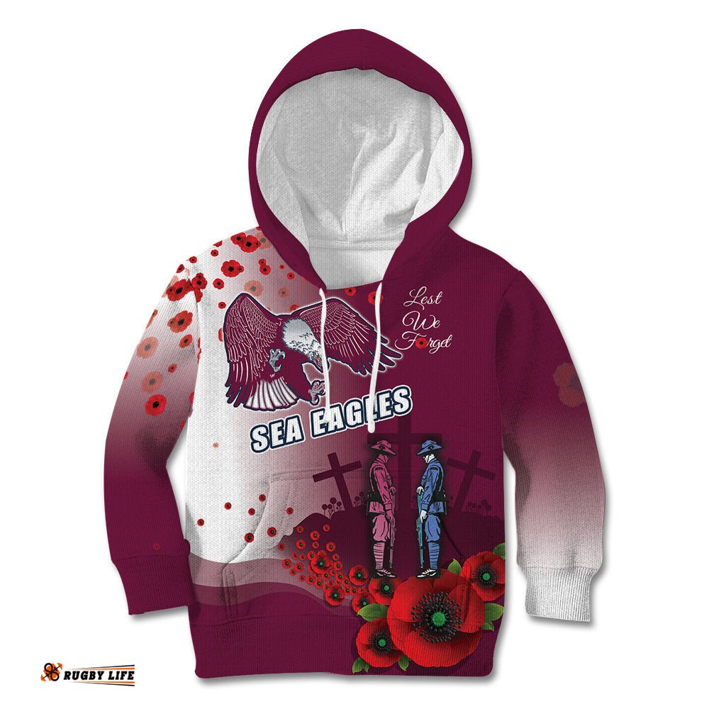 Custom Sea Eagle Rugby ANZAC Kid Hoodie The Military Soldiers with Red Poppy