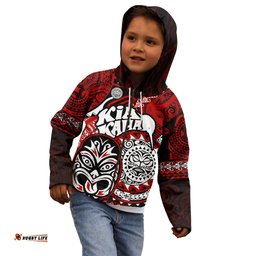 Personalised Te Reo Maori New Zealand Kid Hoodie Aotearoa Kia Haka Maori Tribal Tattoo Red Style