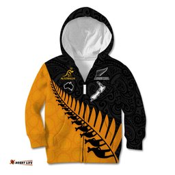 Australia Wallabies and Aotearoa Rugby Kid Hoodie Kangaroo Black Fern Maori Gold Vibe