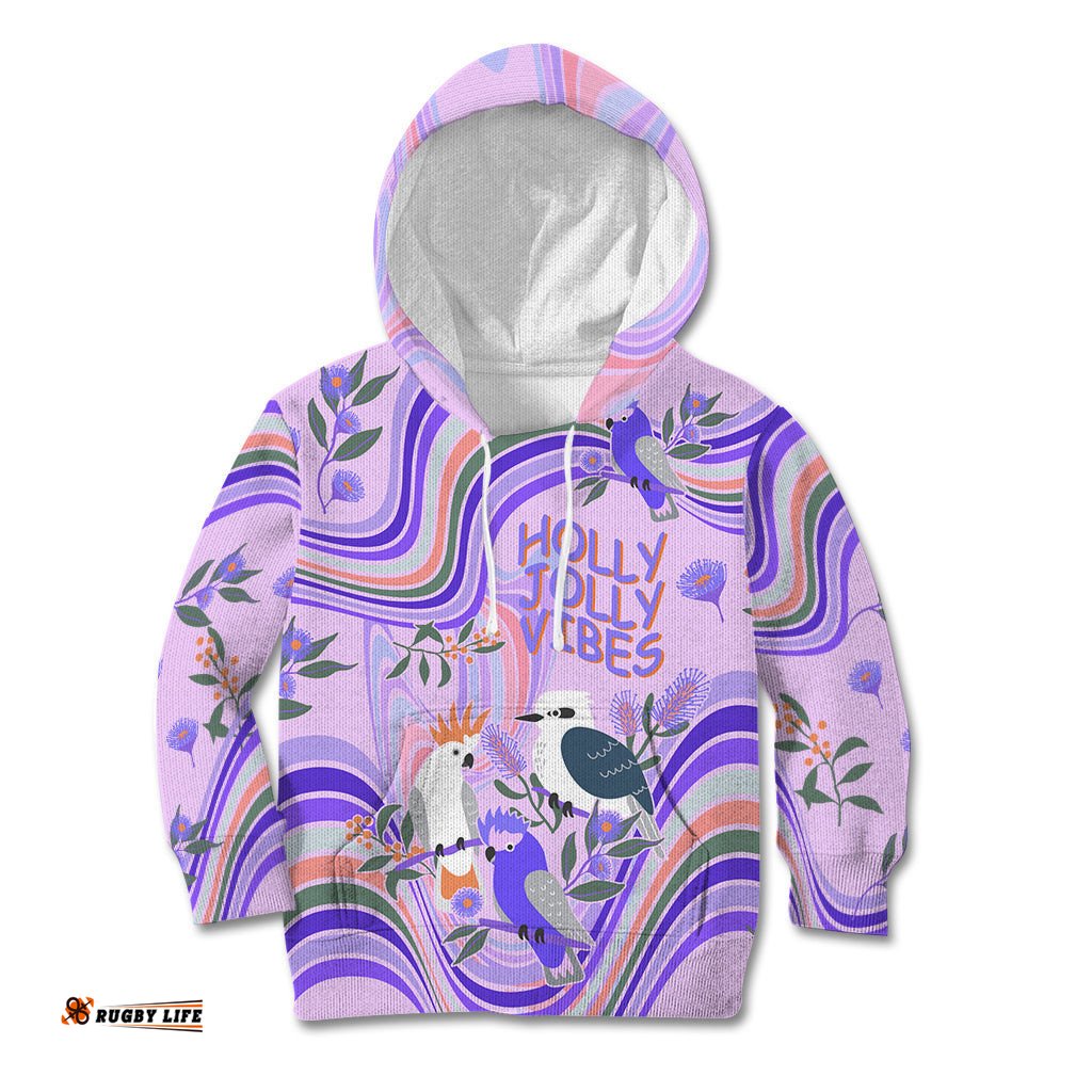 Australia Hippie Christmas Kid Hoodie Cockatoo Kookaburra with Wattle Violet Pastel Color