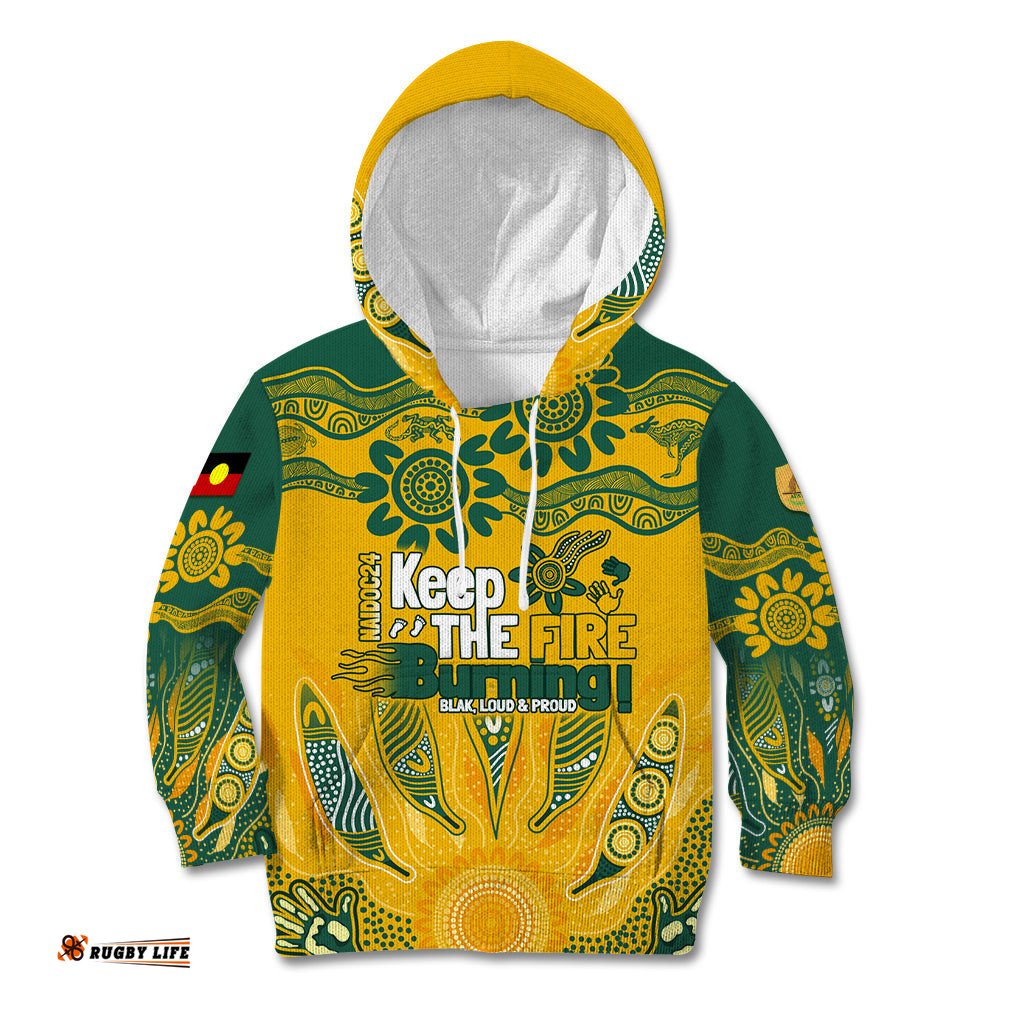 Custom Socceroos NAIDOC Week 2024 Kid Hoodie Indigenous Burning Fire National Colors