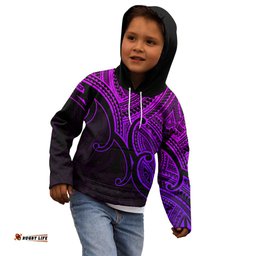 Custom Aotearoa Maori Koru Kid Hoodie Polynesian Pacific Tribal Purple