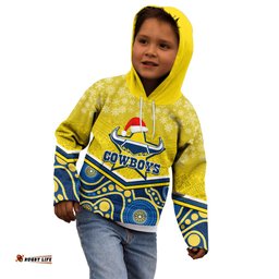 Custom Cowboys Rugby Christmas Kid Hoodie Merry Xmas Mix Aboriginal Art Blue Version