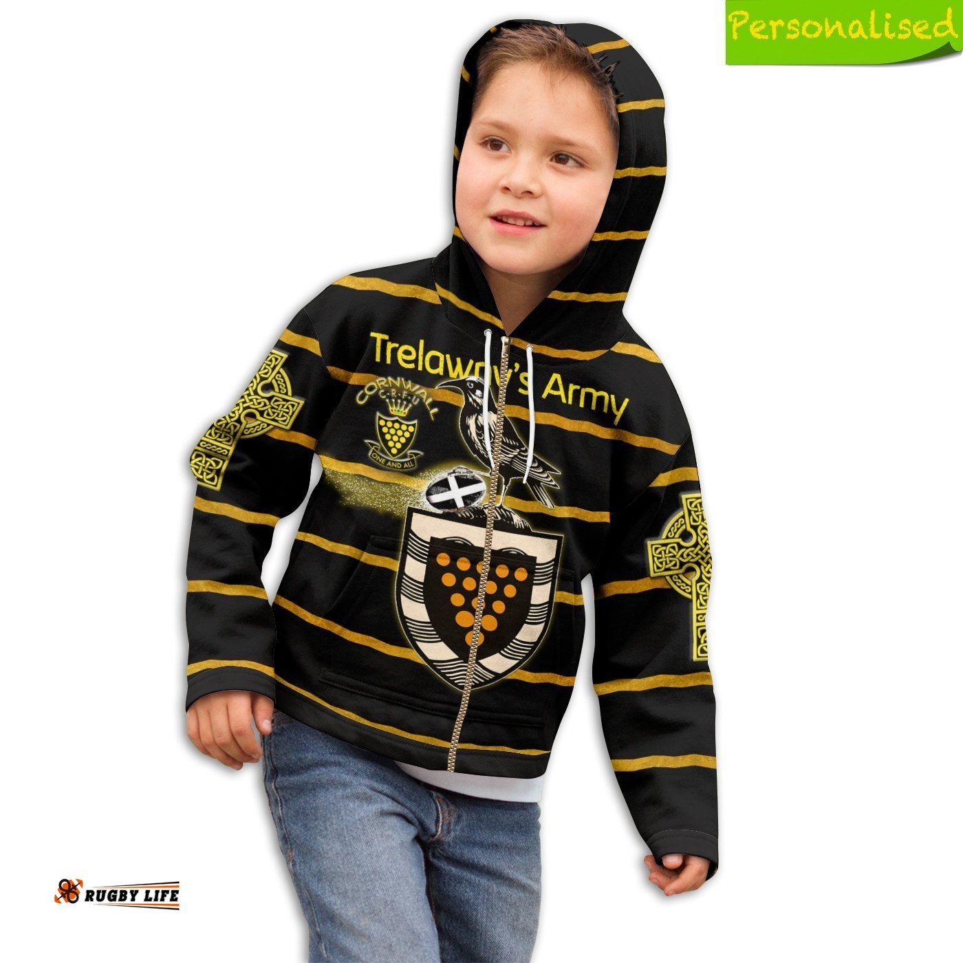 KID Custom Text Cornwall Rugby Personalised Zip Hoodie Trelawny's Army