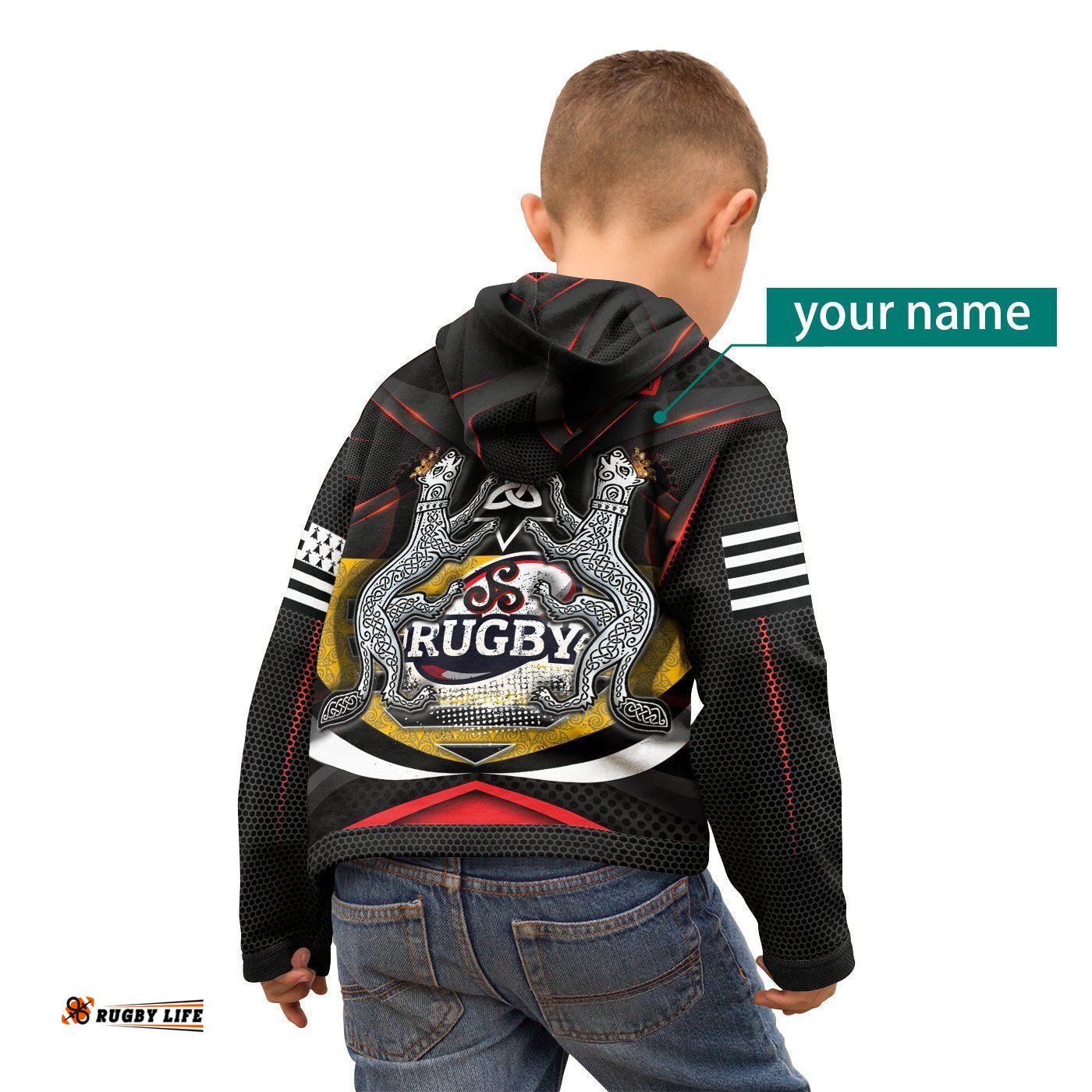 Custom Text Bretagne Rugby Personalised Hoodie Kid Celtic Triskelion and Stoat Ermine Sport Version