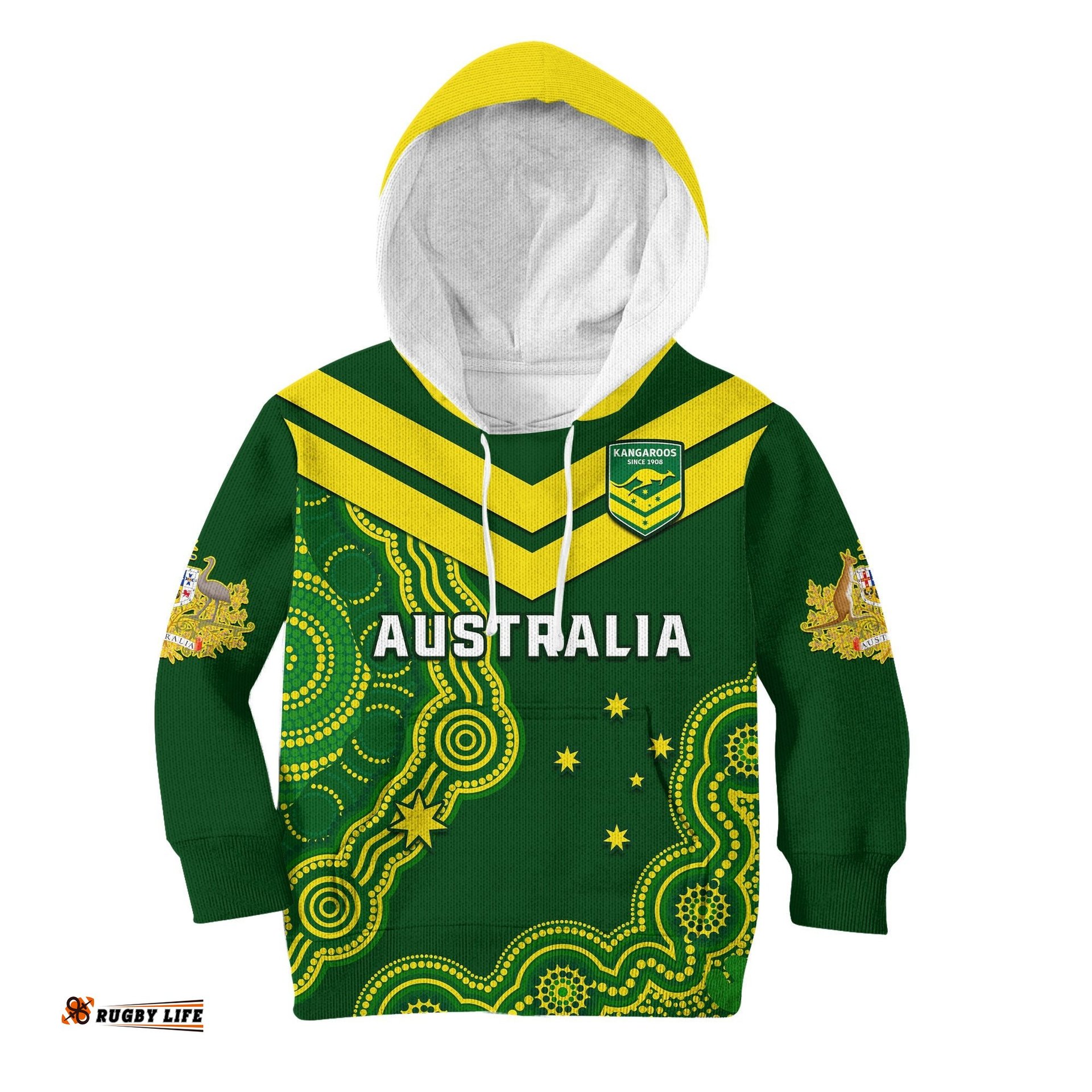 Custom Text And Number Australia Rugby Hoodie KID The Kangaroos Champions Pacific Indigenous