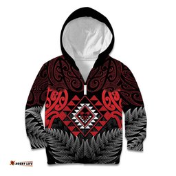 Aotearoa Kiwi Taniko Kid Hoodie Silver Fern With Maori Koru Pattern LT14