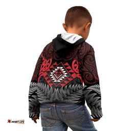 Aotearoa Kiwi Taniko Kid Hoodie Silver Fern With Maori Koru Pattern LT14