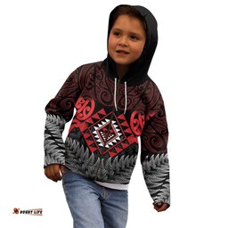Aotearoa Kiwi Taniko Kid Hoodie Silver Fern With Maori Koru Pattern LT14