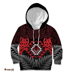 Aotearoa Kiwi Taniko Kid Hoodie Silver Fern With Maori Koru Pattern LT14