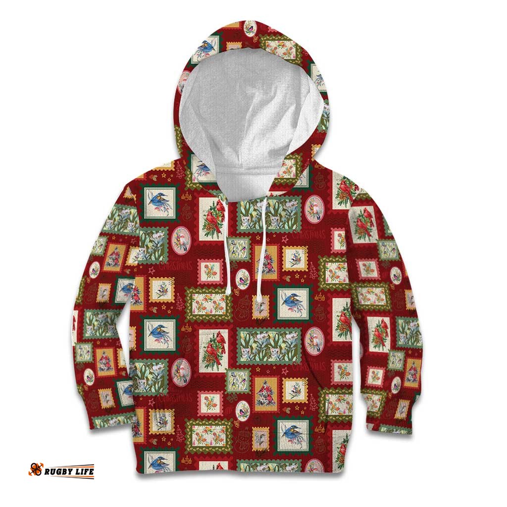 Aussie Birds Christmas La La Land Kid Hoodie Red Vintage Stamp Edition LT9