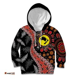 Aotearoa and Australia Kid Hoodie Maori Koru Ferns With Aboriginal Kangaroo LT03