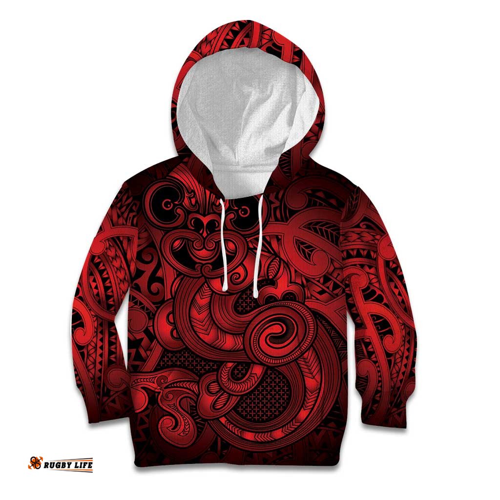Aotearoa Maori Hei Tiki Kid Hoodie Whero Kowhaiwhai Puhoro Motif LT9