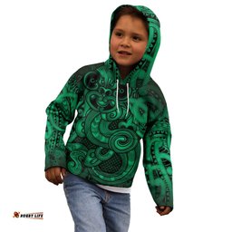 Aotearoa Maori Hei Tiki Kid Hoodie Kakariki Kowhaiwhai Puhoro Motif LT9
