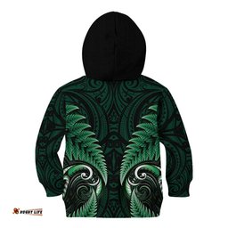 Aotearoa Pounamu Niho Kid Hoodie Silver Fern Mix Maori Pattern - Green LT14