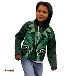 Aotearoa Pounamu Niho Kid Hoodie Silver Fern Mix Maori Pattern - Green LT14