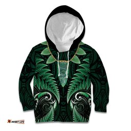 Aotearoa Pounamu Niho Kid Hoodie Silver Fern Mix Maori Pattern - Green LT14