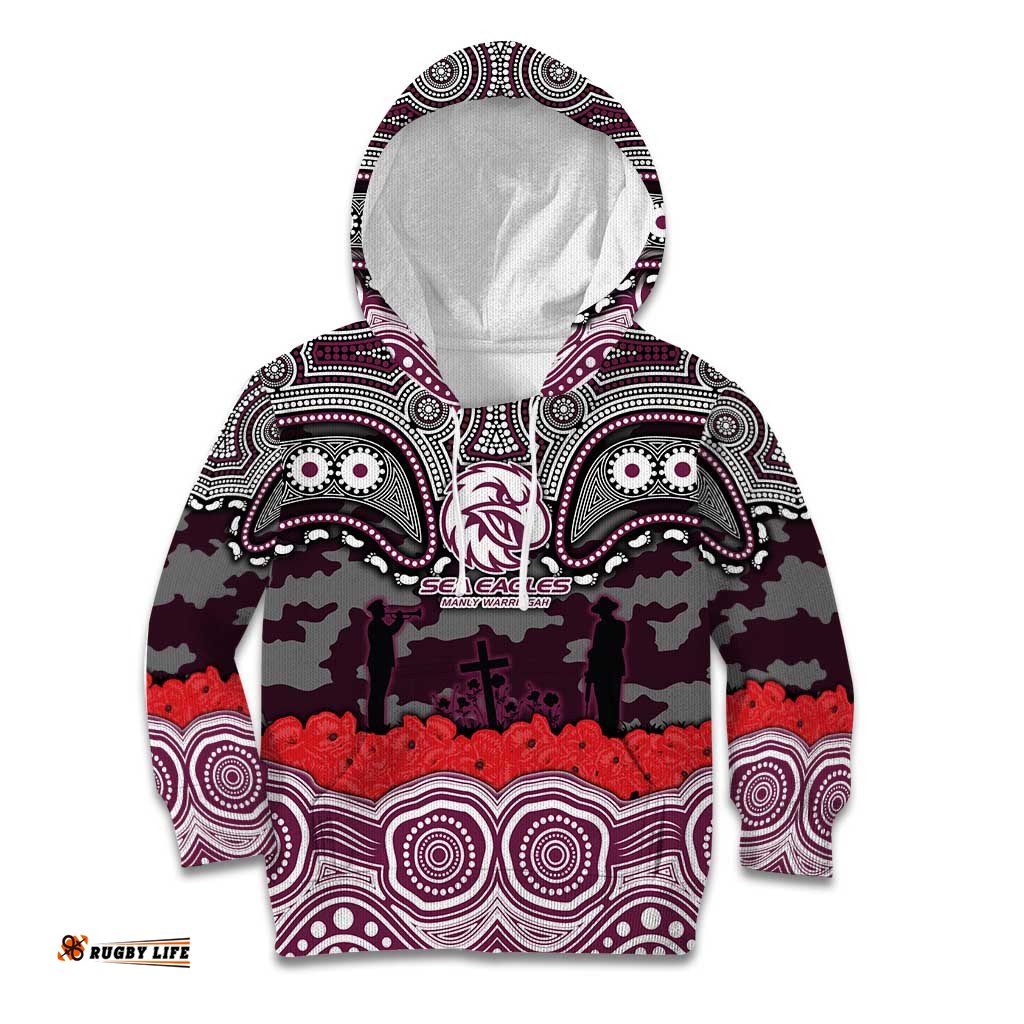 ANZAC Day Manly Warringah Sea Eagles Kid Hoodie Military Memorial Aboriginal Indigenous Art TS04