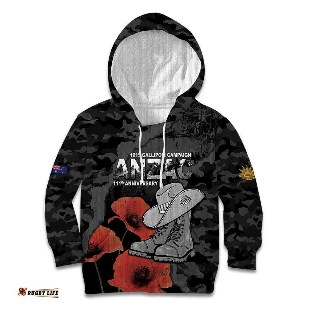 Australia 1915 Gallipoli ANZAC Kid Hoodie 111th Anniversary Army Boots And Slouch Hat LT14