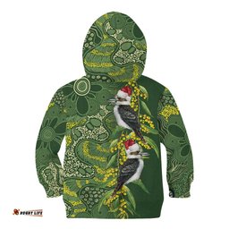 Aussie Kokaburra Golden Wattle Christmas Kid Hoodie Aboriginal Dots Painting Green Motif LT9