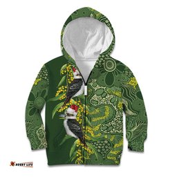 Aussie Kokaburra Golden Wattle Christmas Kid Hoodie Aboriginal Dots Painting Green Motif LT9