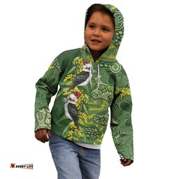 Aussie Kokaburra Golden Wattle Christmas Kid Hoodie Aboriginal Dots Painting Green Motif LT9