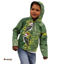 Aussie Kokaburra Golden Wattle Christmas Kid Hoodie Aboriginal Dots Painting Green Motif LT9