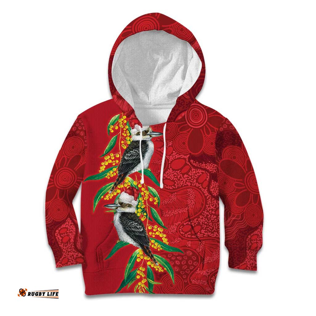 Aussie Kokaburra Golden Wattle Christmas Kid Hoodie Aboriginal Dots Painting Red Motif LT9