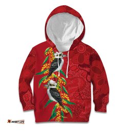 Aussie Kokaburra Golden Wattle Christmas Kid Hoodie Aboriginal Dots Painting Red Motif LT9