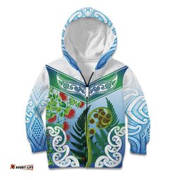 Aotearoa New Zealand Natural Plants Kid Hoodie Pohutukawa with Silver Ferns Koru Frond Maori Tattoos LT03