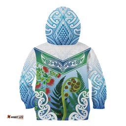 Aotearoa New Zealand Natural Plants Kid Hoodie Pohutukawa with Silver Ferns Koru Frond Maori Tattoos LT03