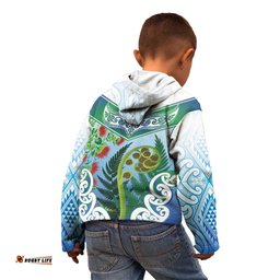 Aotearoa New Zealand Natural Plants Kid Hoodie Pohutukawa with Silver Ferns Koru Frond Maori Tattoos LT03