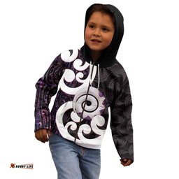Aotearoa Koru Kid Hoodie Purple Maori Paua Shell Mix Silver Fern LT14