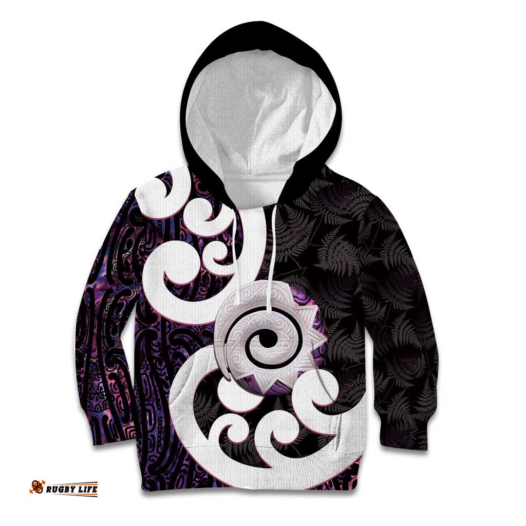 Aotearoa Koru Kid Hoodie Purple Maori Paua Shell Mix Silver Fern LT14