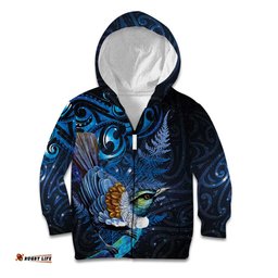 Aotearoa Matariki Kid Hoodie Maori Tribal with Silver Fern and Tui Bird Galaxy Style LT03
