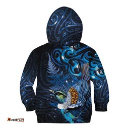 Aotearoa Matariki Kid Hoodie Maori Tribal with Silver Fern and Tui Bird Galaxy Style LT03