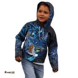 Aotearoa Matariki Kid Hoodie Maori Tribal with Silver Fern and Tui Bird Galaxy Style LT03