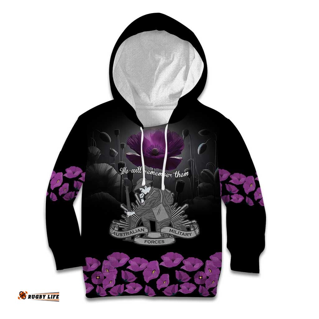 ANZAC Day Remembrance Kid Hoodie Purple Poppy We Will Remember Them LT9