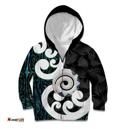 Aotearoa Koru Kid Hoodie Cyan Maori Paua Shell Mix Silver Fern LT14