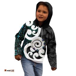 Aotearoa Koru Kid Hoodie Cyan Maori Paua Shell Mix Silver Fern LT14