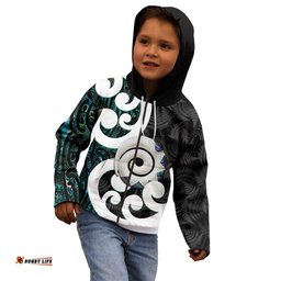 Aotearoa Koru Kid Hoodie Cyan Maori Paua Shell Mix Silver Fern LT14