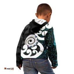 Aotearoa Koru Kid Hoodie Cyan Maori Paua Shell Mix Silver Fern LT14