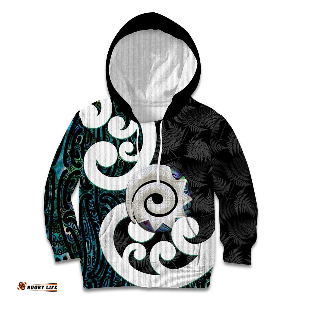 Aotearoa Koru Kid Hoodie Cyan Maori Paua Shell Mix Silver Fern LT14